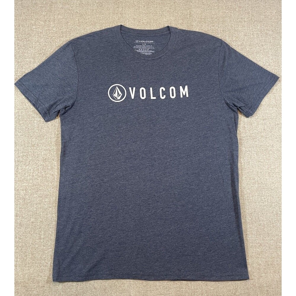 Volcom Men's Blue/Gray T-Shirt Blue Gray Size Large White Spell Out